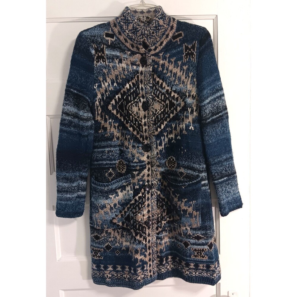J.Jill Cardigan Sweater XS Blue Gray Wool Blend Duster Southwestern Aztec Boho